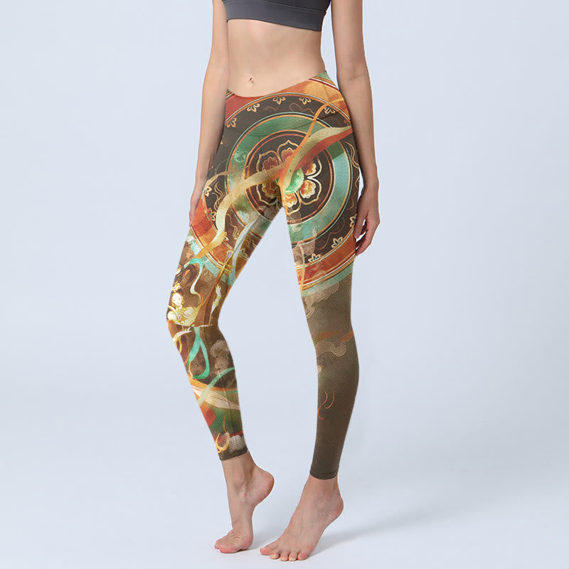 Buddha Stones Leggings da palestra con stampa mandala e motivo Flying Apsaras di Dunhuang, pantaloni da yoga da donna - Cachi scuro - US18, UK/AU22, EU50 (4XL) - image 0