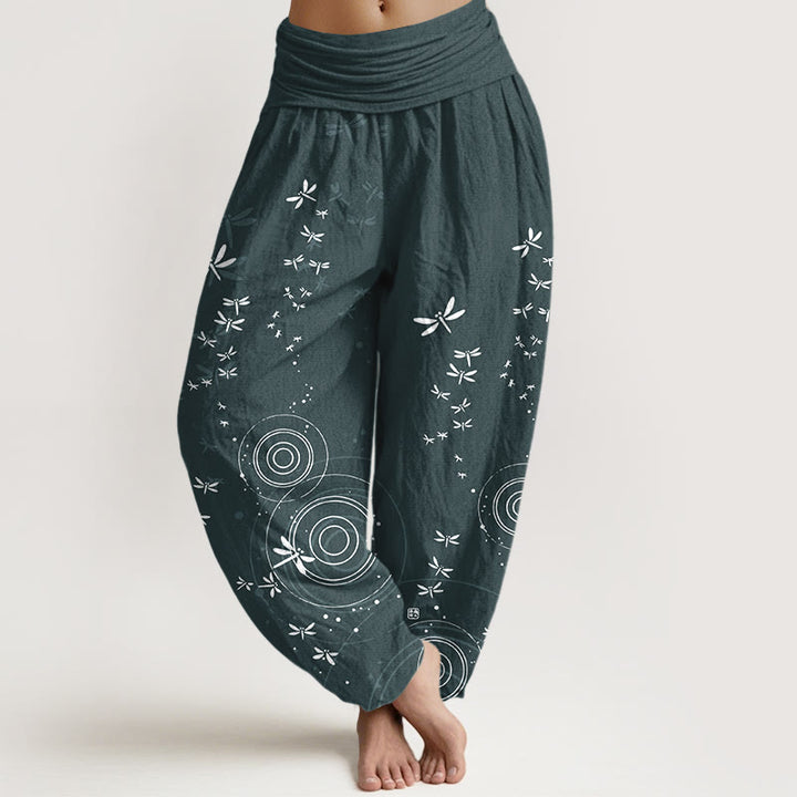 Buddha Stones Pantaloni harem da donna in puro cotone con elastico in vita e linee circolari a forma di libellula - CadetBlue - US16, UK/AU20, EU48 (3XL) - image 0
