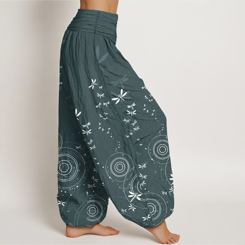 Buddha Stones Pantaloni harem da donna in puro cotone con elastico in vita e linee circolari a forma di libellula - image 1