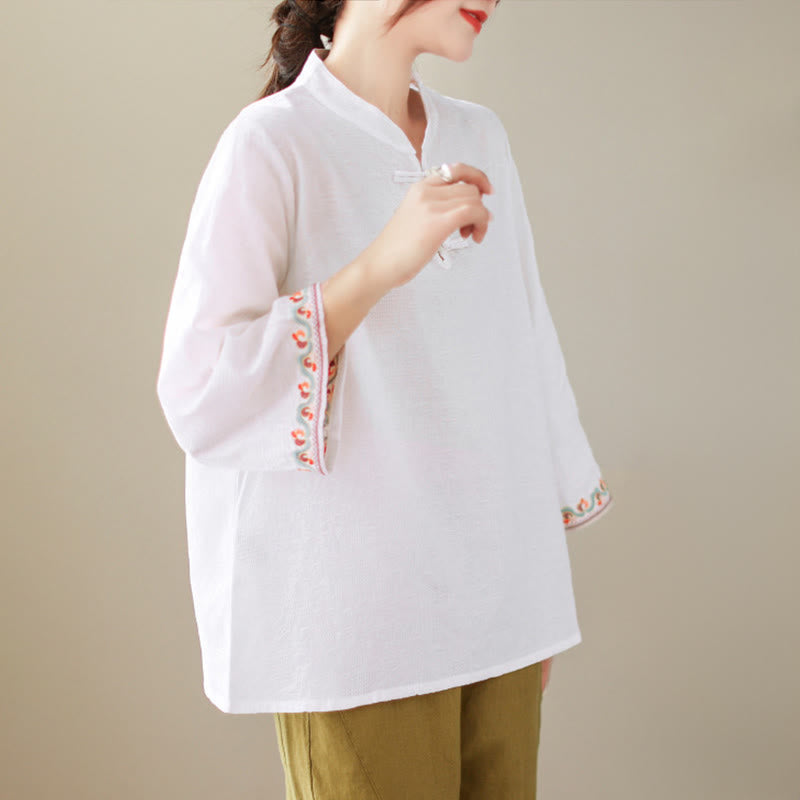 Camicia da donna in cotone con colletto rialzato, maniche a tre quarti ricamate, bottoni a rana in jacquard Buddha Stones - image 18