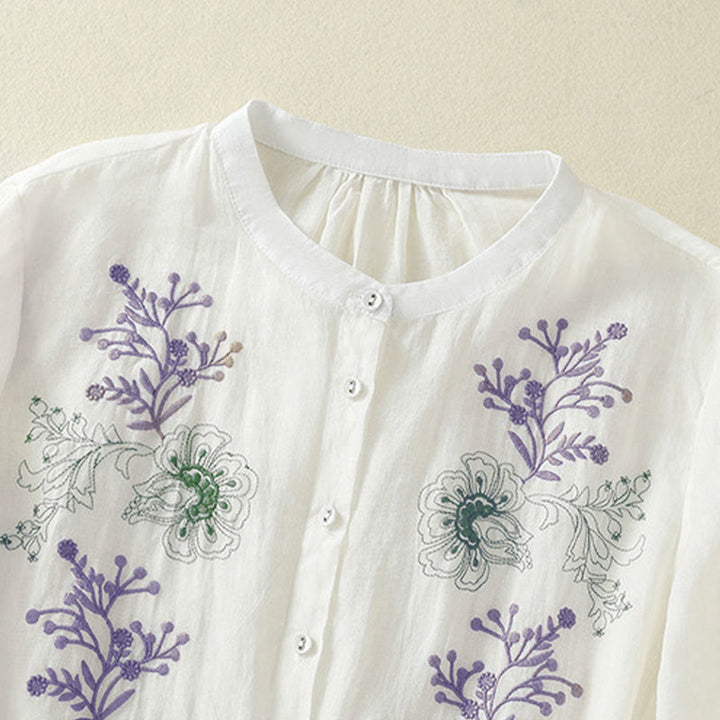 Camicia da donna con ricamo Buddha Stones, design a pieghe, colletto alla coreana, maniche a tre quarti e spacco laterale. - image 18