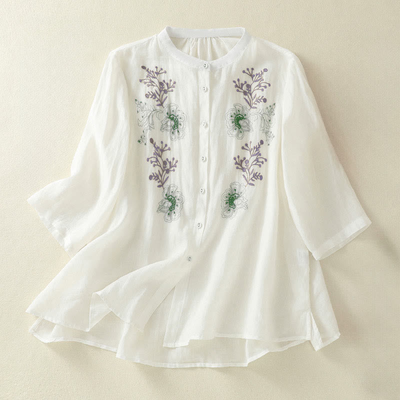 Camicia da donna con ricamo Buddha Stones, design a pieghe, colletto alla coreana, maniche a tre quarti e spacco laterale. - Bianco - US8-10, UK/AU12-14, EU40-42 (2XL) - image 16