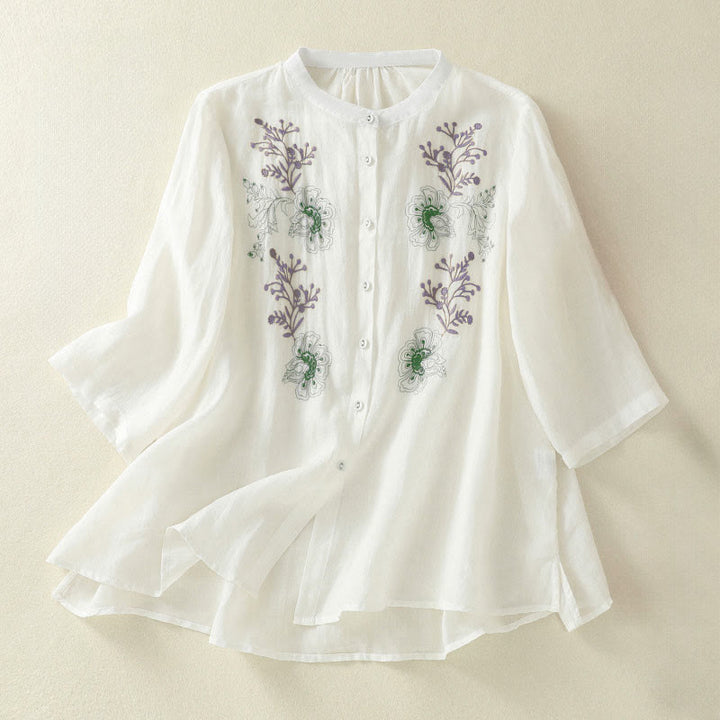 Camicia da donna con ricamo Buddha Stones, design a pieghe, colletto alla coreana, maniche a tre quarti e spacco laterale. - Bianco - US8-10, UK/AU12-14, EU40-42 (2XL) - image 16