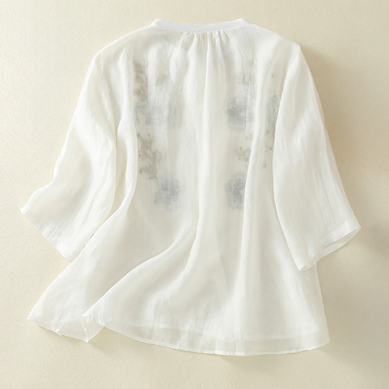 Camicia da donna con ricamo Buddha Stones, design a pieghe, colletto alla coreana, maniche a tre quarti e spacco laterale. - image 17