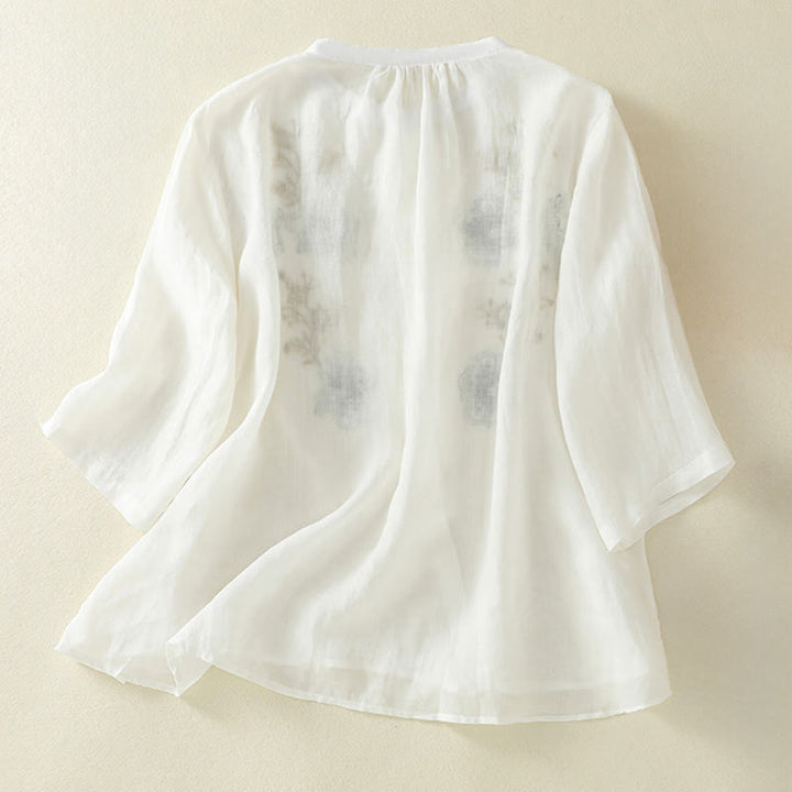 Camicia da donna con ricamo Buddha Stones, design a pieghe, colletto alla coreana, maniche a tre quarti e spacco laterale. - image 17