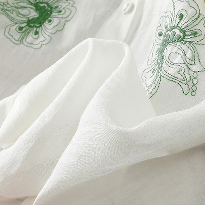 Camicia da donna con ricamo Buddha Stones, design a pieghe, colletto alla coreana, maniche a tre quarti e spacco laterale. - image 22