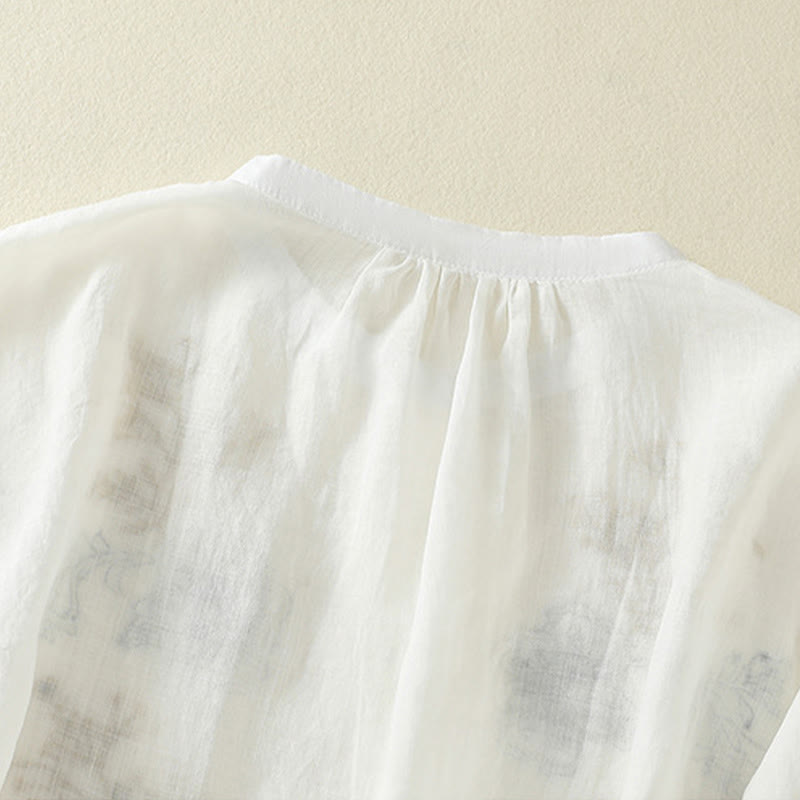Camicia da donna con ricamo Buddha Stones, design a pieghe, colletto alla coreana, maniche a tre quarti e spacco laterale. - image 19