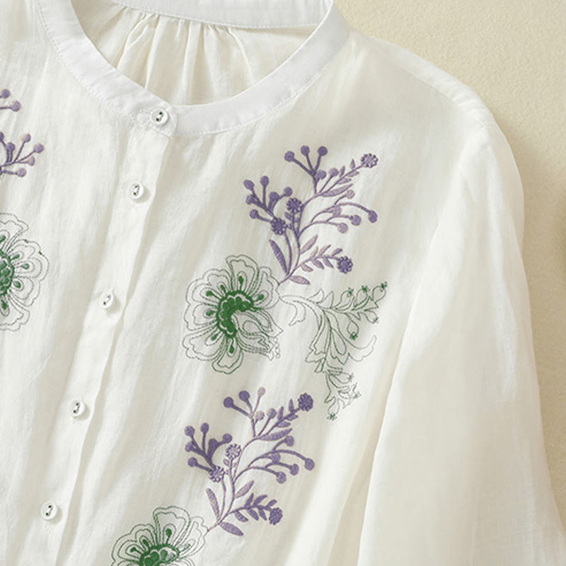 Camicia da donna con ricamo Buddha Stones, design a pieghe, colletto alla coreana, maniche a tre quarti e spacco laterale. - image 20