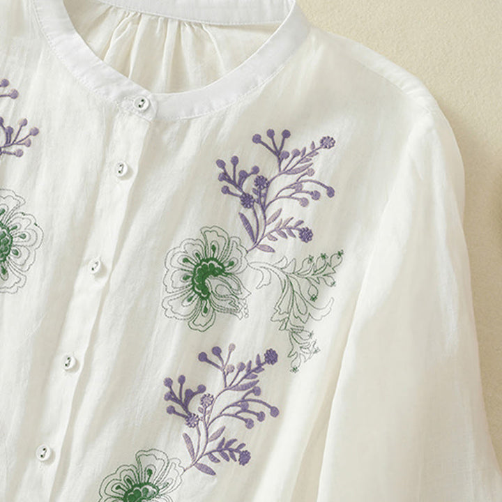 Camicia da donna con ricamo Buddha Stones, design a pieghe, colletto alla coreana, maniche a tre quarti e spacco laterale. - image 20