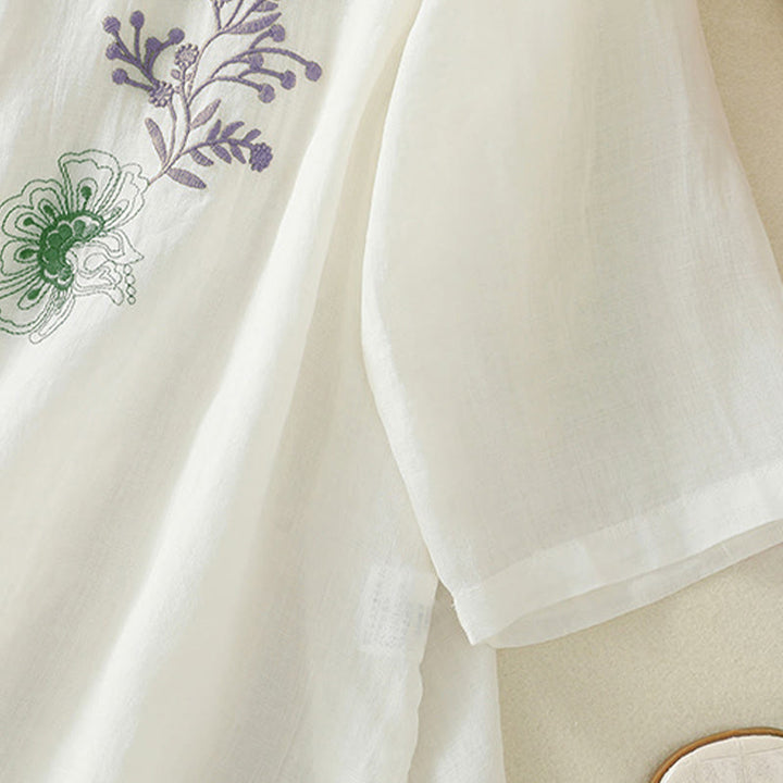 Camicia da donna con ricamo Buddha Stones, design a pieghe, colletto alla coreana, maniche a tre quarti e spacco laterale. - image 21