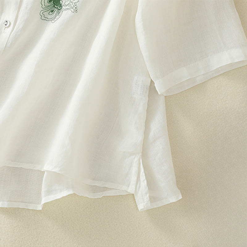 Camicia da donna con ricamo Buddha Stones, design a pieghe, colletto alla coreana, maniche a tre quarti e spacco laterale. - image 24