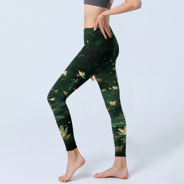Buddha Stones Leggings da palestra con stampa di foglie di fiori di loto da sogno, pantaloni da yoga da donna - image 2