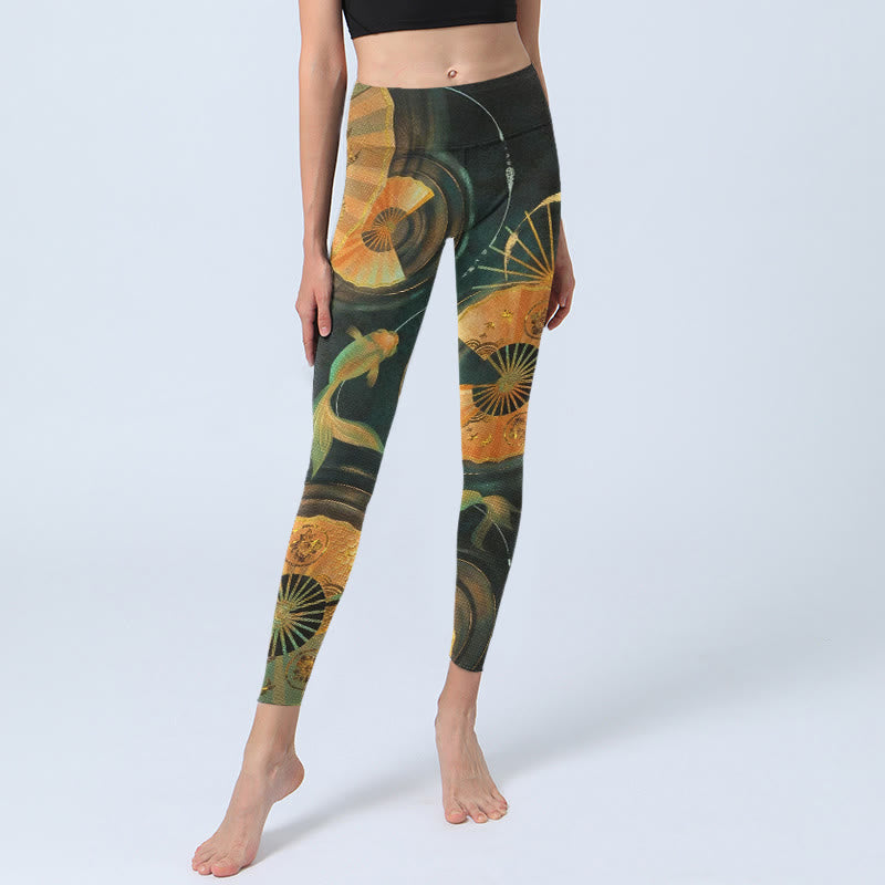 Buddha Stones Splendidi leggings da palestra con stampa di pesci koi e ventaglio pieghevole, pantaloni da yoga da donna - image 5