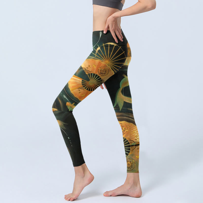 Buddha Stones Splendidi leggings da palestra con stampa di pesci koi e ventaglio pieghevole, pantaloni da yoga da donna - image 2
