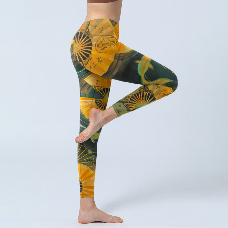 Buddha Stones Splendidi leggings da palestra con stampa di pesci koi e ventaglio pieghevole, pantaloni da yoga da donna - image 3