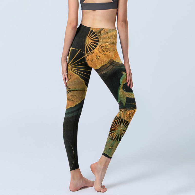 Buddha Stones Splendidi leggings da palestra con stampa di pesci koi e ventaglio pieghevole, pantaloni da yoga da donna - image 4
