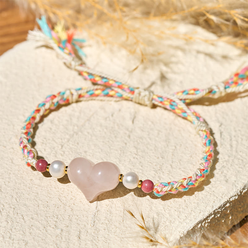 Braccialetto con corda intrecciata in cristallo rosa e design a cuore Buddha Stones e amore caldo - image 3