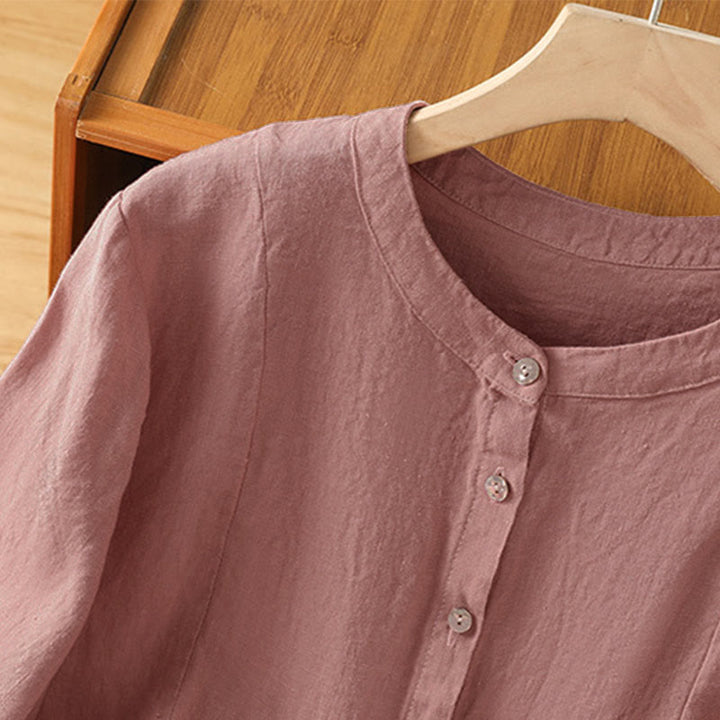 Buddha Stones Camicia da donna in cotone con bottoni, a maniche lunghe, modello patchwork semplice, stile pendolarismo autunnale - image 4
