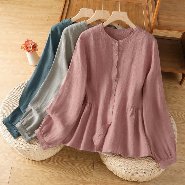 Buddha Stones Camicia da donna in cotone con bottoni, a maniche lunghe, modello patchwork semplice, stile pendolarismo autunnale - image 25