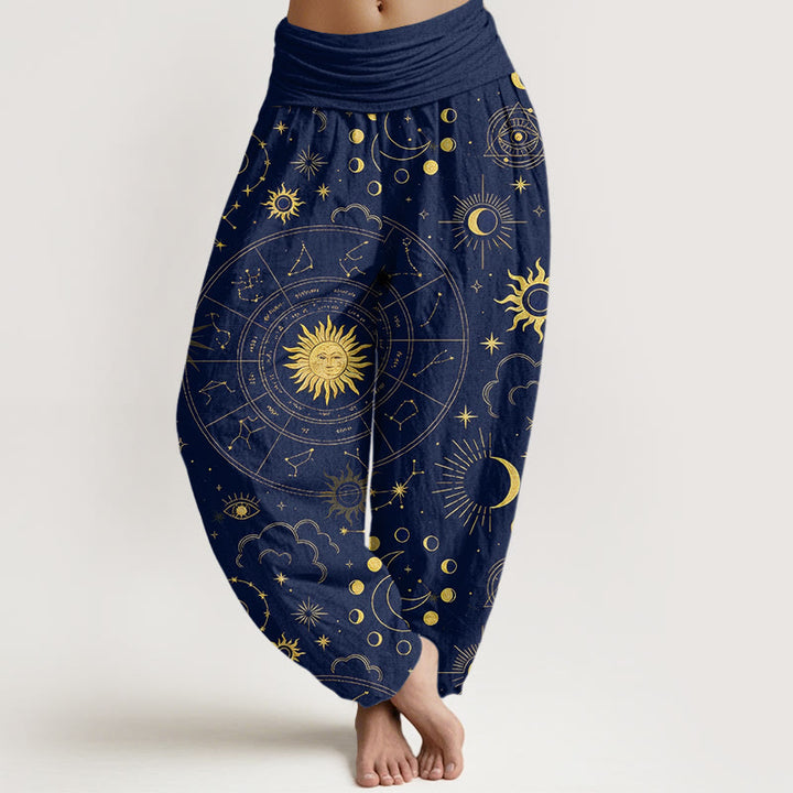 Buddha Stones Pantaloni harem da donna in cotone con elastico in vita, motivo sole, luna, stelle, costellazioni e nuvole - Marina - US16, UK/AU20, EU48 (3XL) - image 0