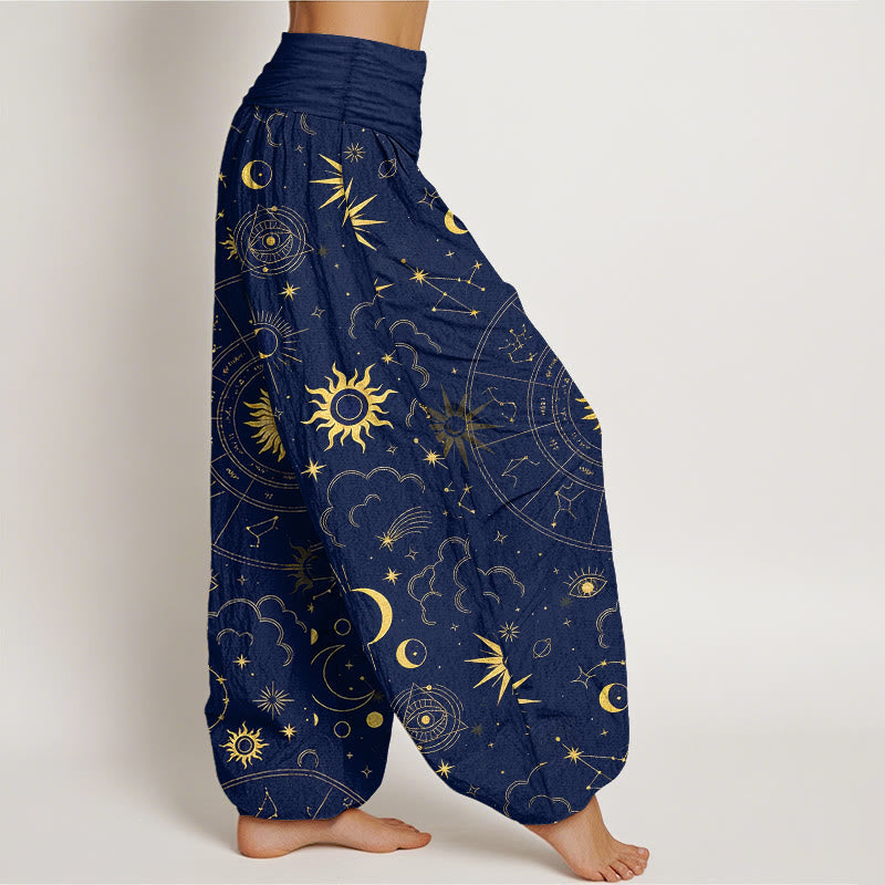Buddha Stones Pantaloni harem da donna in cotone con elastico in vita, motivo sole, luna, stelle, costellazioni e nuvole - image 2