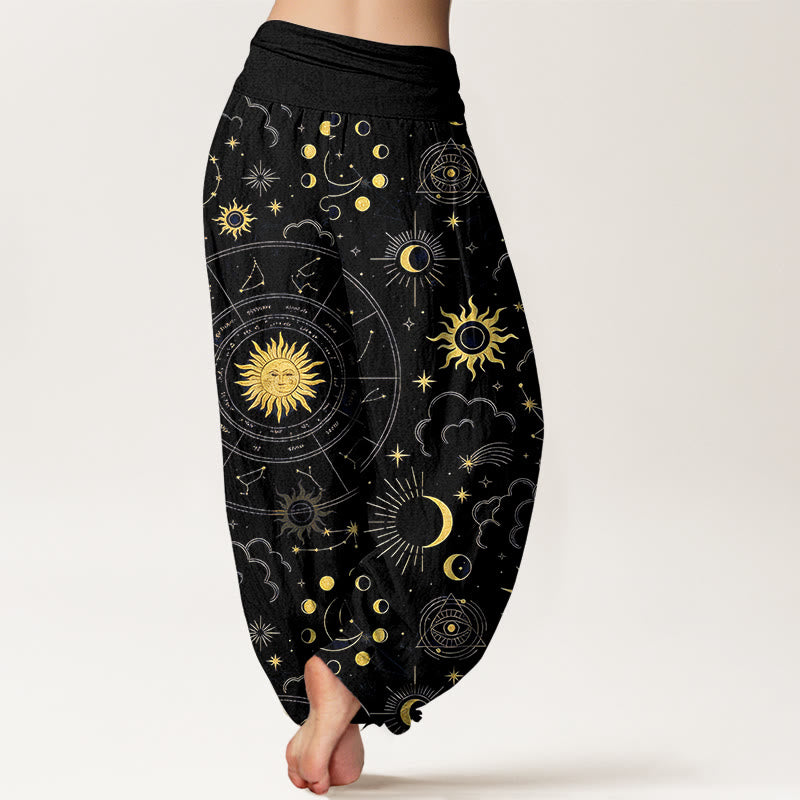 Buddha Stones Pantaloni harem da donna in cotone con elastico in vita, motivo sole, luna, stelle, costellazioni e nuvole - image 6