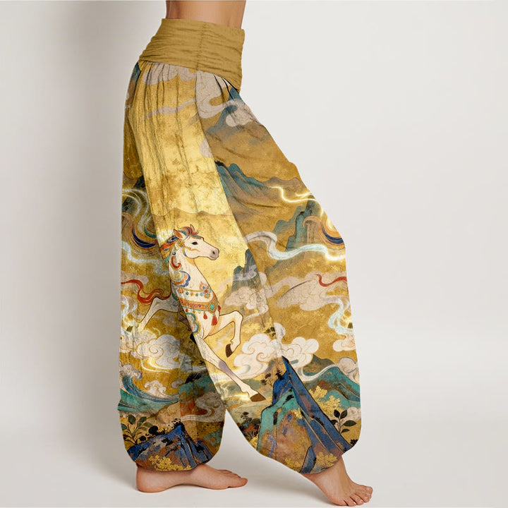 Buddha Stones Pantaloni harem da donna con elastico in vita e motivo a nuvole e cavalli di montagna in cotone - image 2