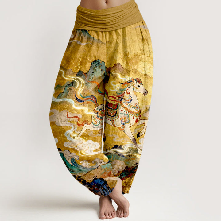 Buddha Stones Pantaloni harem da donna con elastico in vita e motivo a nuvole e cavalli di montagna in cotone - Verga d'oro - US16, UK/AU20, EU48 (3XL) - image 0
