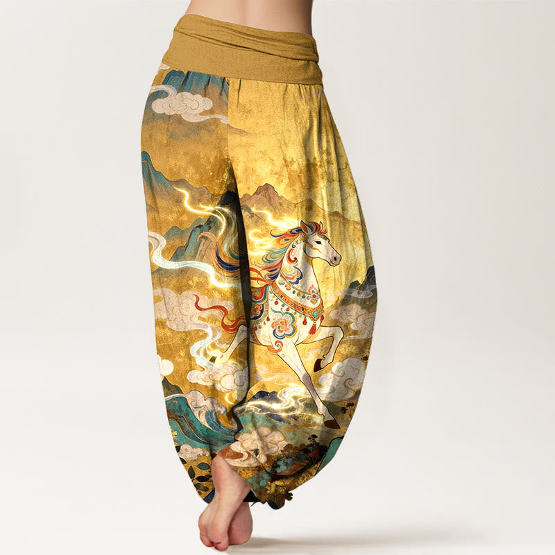 Buddha Stones Pantaloni harem da donna con elastico in vita e motivo a nuvole e cavalli di montagna in cotone - image 1