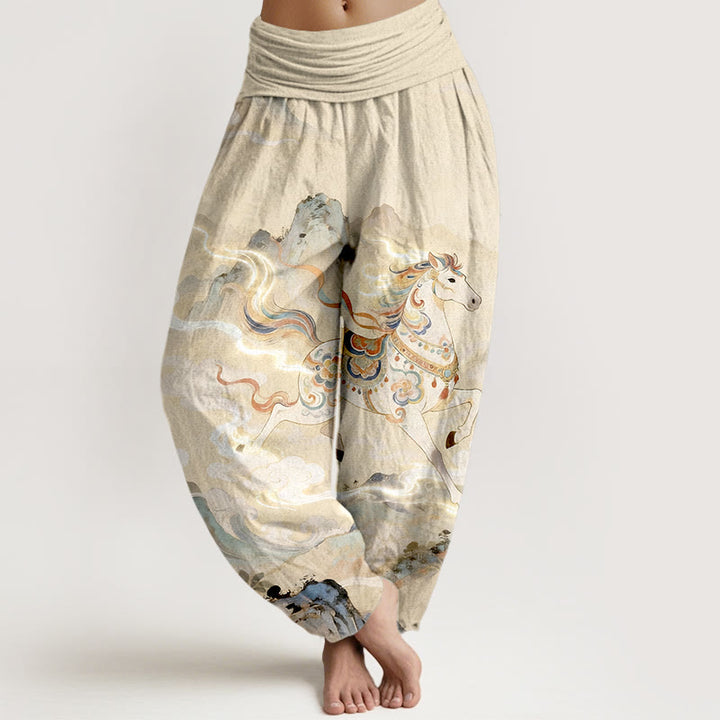 Buddha Stones Pantaloni harem da donna con elastico in vita e motivo a nuvole e cavalli di montagna in cotone - Verga d'oro chiaraGiallo - US16, UK/AU20, EU48 (3XL) - image 5