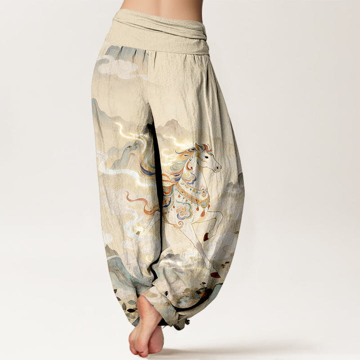 Buddha Stones Pantaloni harem da donna con elastico in vita e motivo a nuvole e cavalli di montagna in cotone - image 6