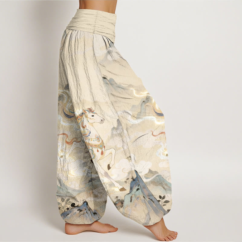 Buddha Stones Pantaloni harem da donna con elastico in vita e motivo a nuvole e cavalli di montagna in cotone - image 7