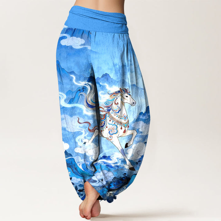 Buddha Stones Pantaloni harem da donna con elastico in vita e motivo a nuvole e cavalli di montagna in cotone - image 9