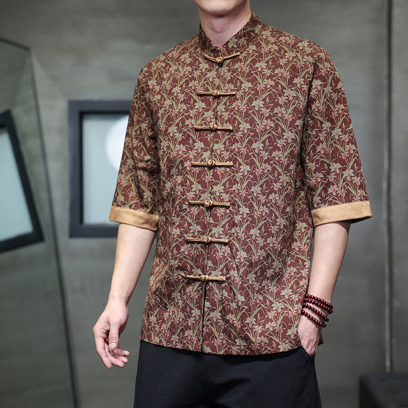 Buddha Stones Camicia da uomo in cotone con motivo floreale estivo a foglie colorate, manica corta, design con bottoni a rana - Rosso scuro - US/UK/AU46, EU56 (5XL) - image 0