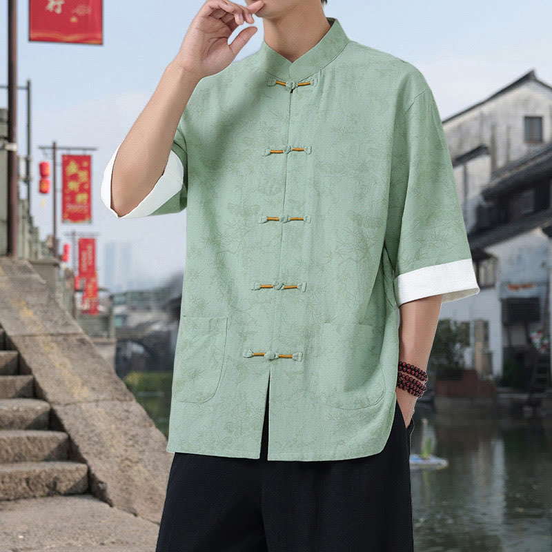 Buddha Stones Camicia da uomo in cotone con maniche corte, bottoni a rana e tasche, modello Summer Crane Pine Tree Tang Suit - Verde pallido - US/UK/AU46, EU56 (5XL) - image 12