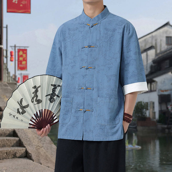Buddha Stones Camicia da uomo in cotone con maniche corte, bottoni a rana e tasche, modello Summer Crane Pine Tree Tang Suit - image 15