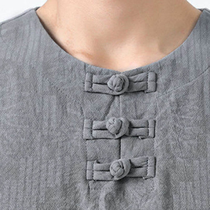 Buddha Stones Camicia da uomo in cotone a mezza manica con bottoni a rana e motivo a fiori estivi con motivo erba - image 7