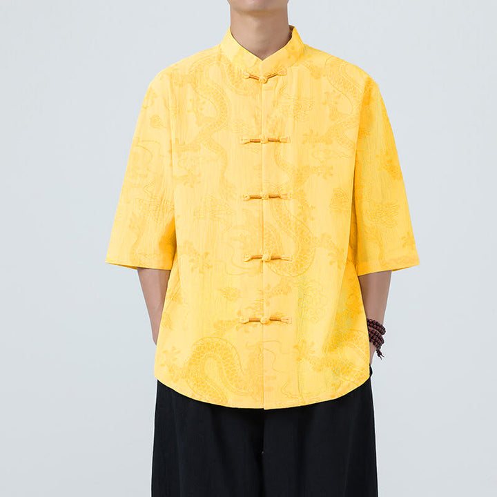 Buddha Stones Camicia da uomo in cotone a mezza manica con bottoni a rana, motivo nuvole di buon auspicio e drago estivo - Giallo - US/UK/AU46, EU56 (5XL) - image 11