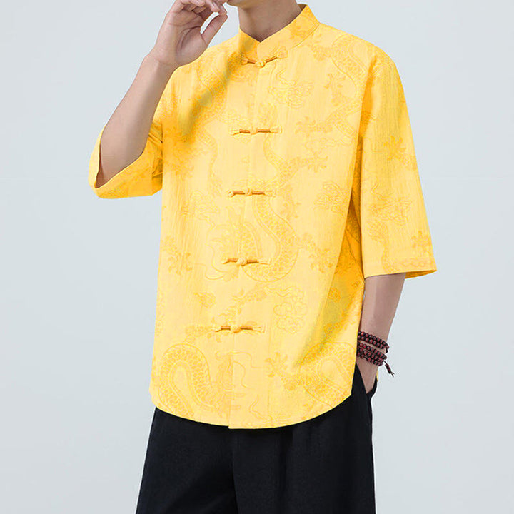 Buddha Stones Camicia da uomo in cotone a mezza manica con bottoni a rana, motivo nuvole di buon auspicio e drago estivo - image 15