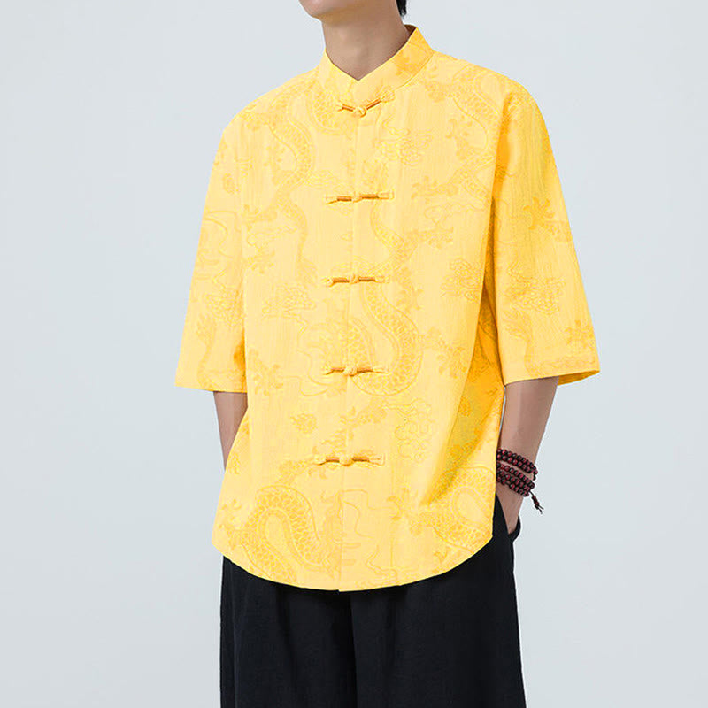 Buddha Stones Camicia da uomo in cotone a mezza manica con bottoni a rana, motivo nuvole di buon auspicio e drago estivo - image 12