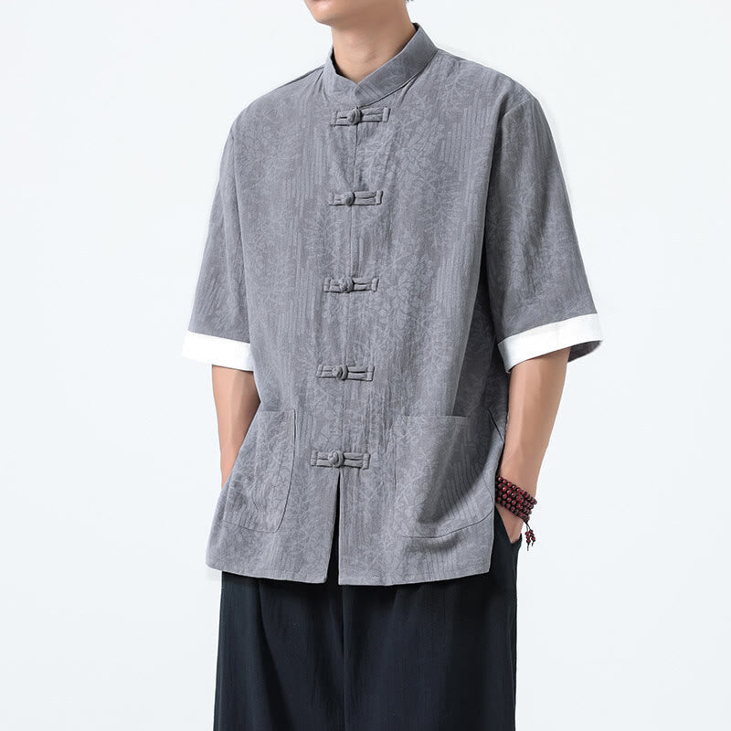 Buddha Stones Camicia da uomo in cotone con maniche corte, bottoni a rana e tasche, modello estivo con fiori e erba - Grigio - US/UK/AU46, EU56 (5XL) - image 4