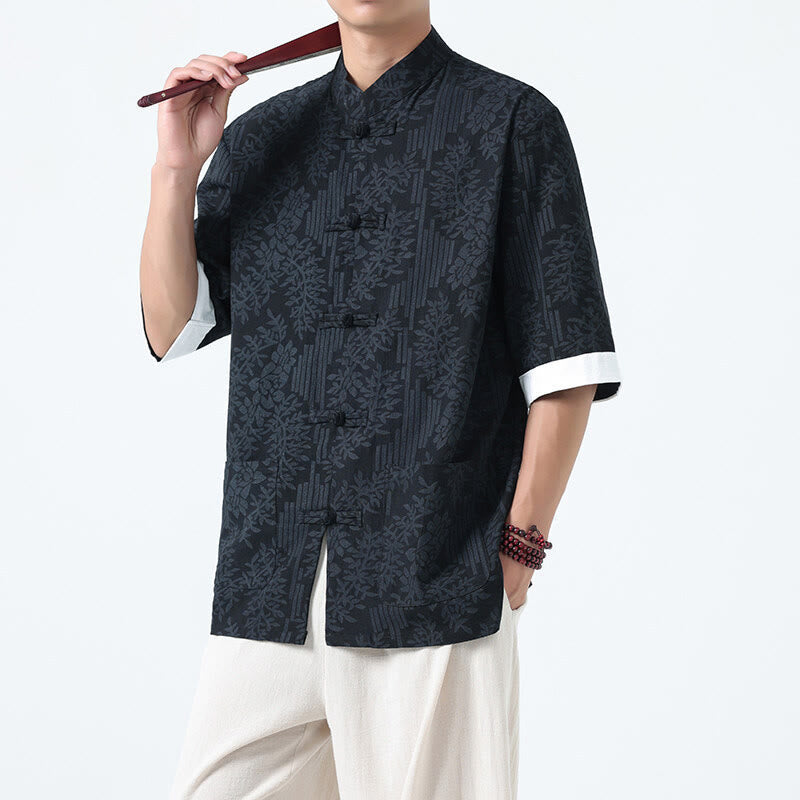 Buddha Stones Camicia da uomo in cotone con maniche corte, bottoni a rana e tasche, modello estivo con fiori e erba - Nero - US/UK/AU46, EU56 (5XL) - image 0