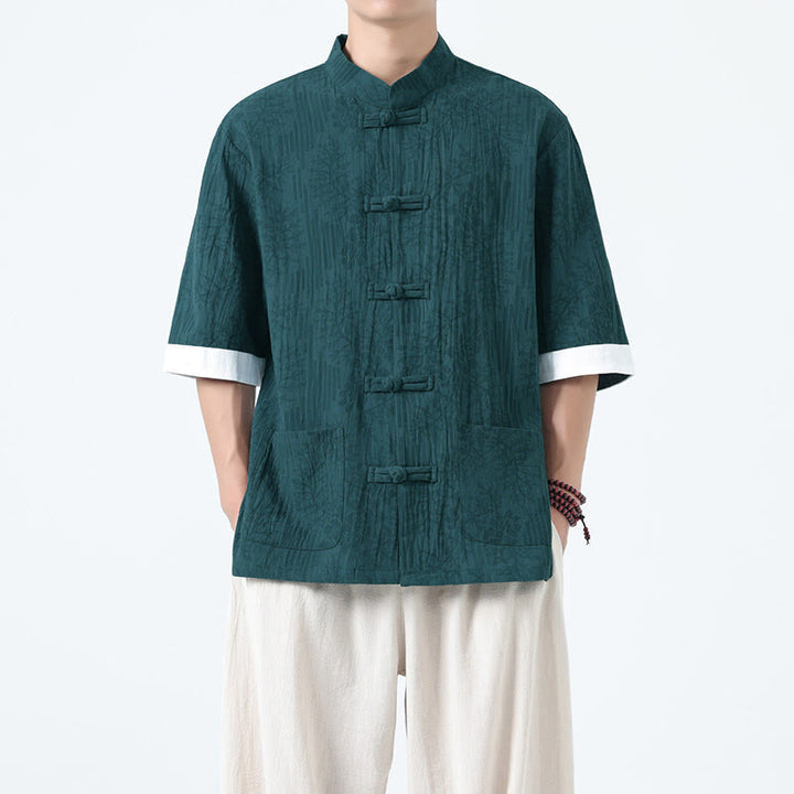 Buddha Stones Camicia da uomo in cotone con maniche corte, bottoni a rana e tasche, modello estivo con fiori e erba - image 17