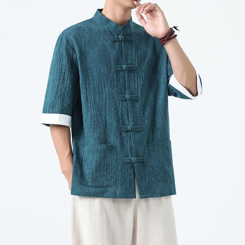 Buddha Stones Camicia da uomo in cotone con maniche corte, bottoni a rana e tasche, modello estivo con fiori e erba - image 16