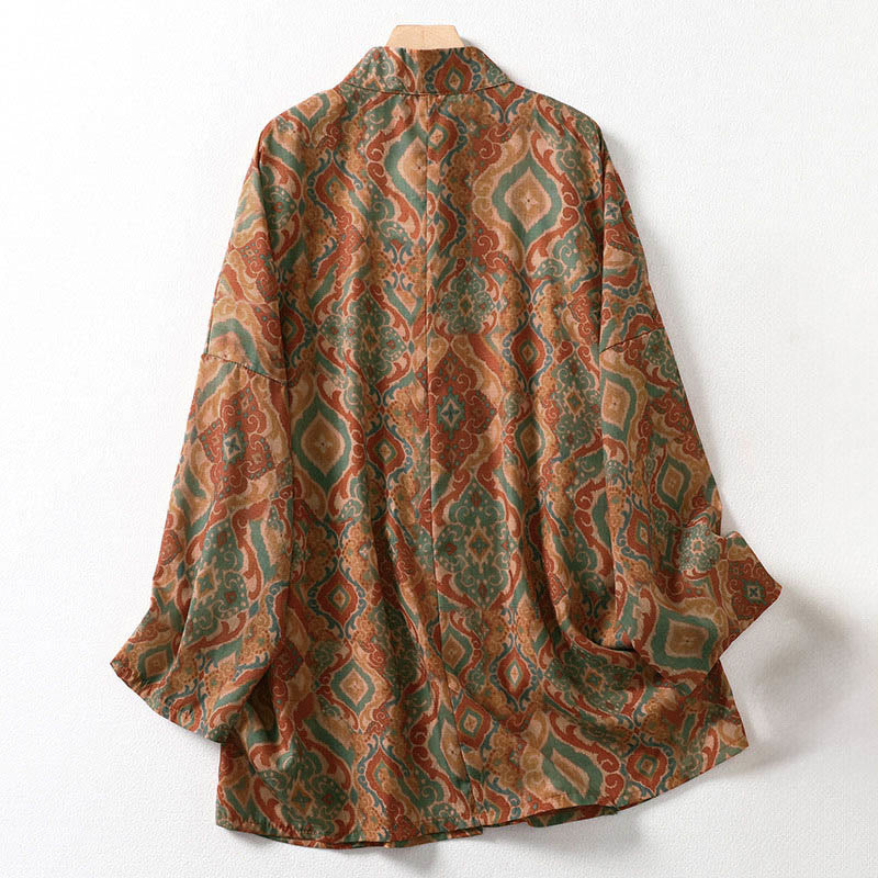 Buddha Stones Camicia da donna con colletto rialzato, maniche lunghe, bottoni cinesi e tasche, stampata - image 1