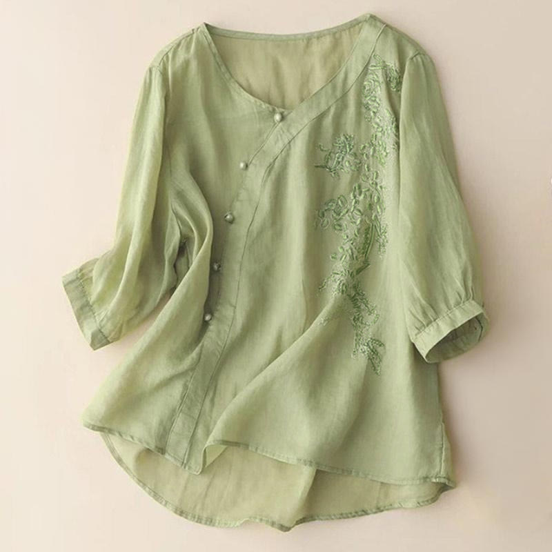 Camicia da donna a maniche corte con bottoni e rana, casual e ampia, con ricamo floreale Buddha Stones - GialloVerde - US14, UK/AU18, EU46 (4XL) - image 0