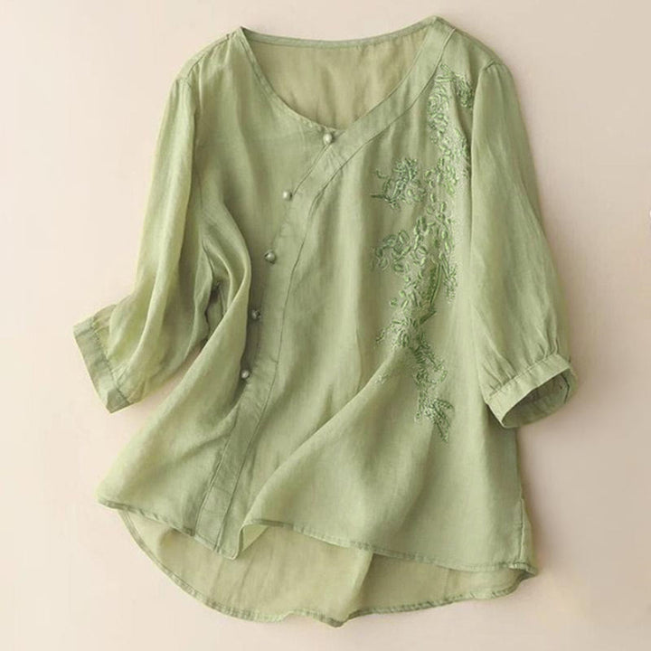Camicia da donna a maniche corte con bottoni e rana, casual e ampia, con ricamo floreale Buddha Stones - GialloVerde - US14, UK/AU18, EU46 (4XL) - image 0