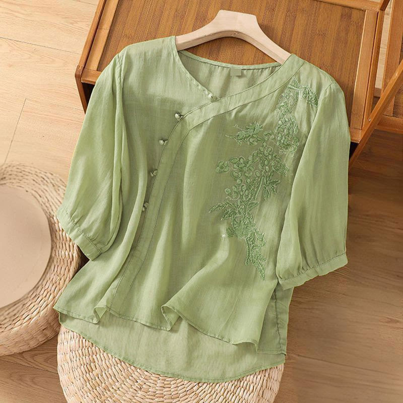 Camicia da donna a maniche corte con bottoni e rana, casual e ampia, con ricamo floreale Buddha Stones - image 1