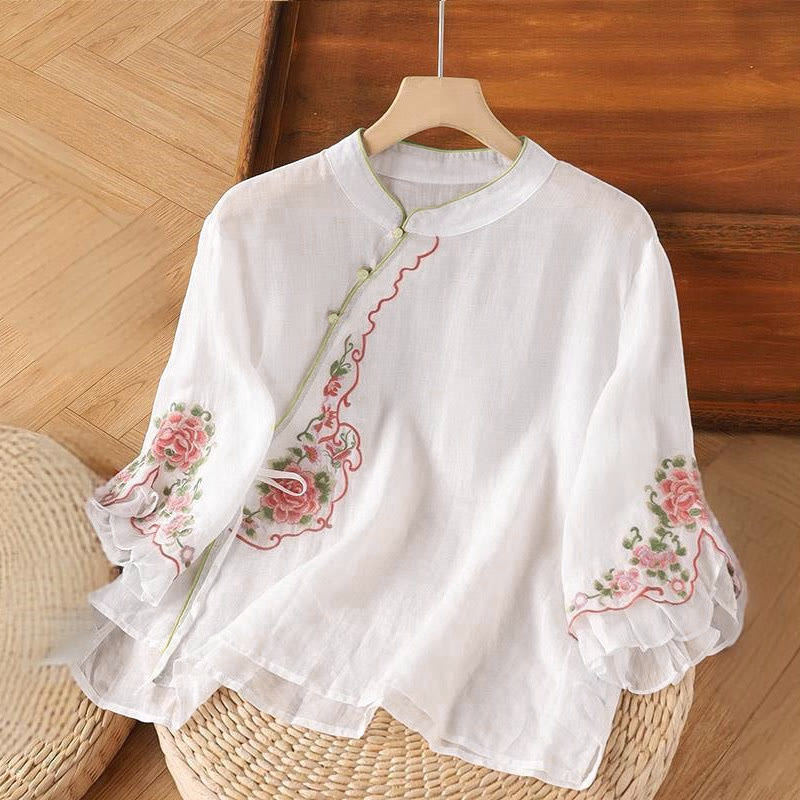Camicia da donna con maniche a tre quarti, casual e ampia, con ricamo di peonie e bottoni a rana, motivo Buddha Stones - Nevicare - US12, UK/AU16, EU44 (4XL) - image 2