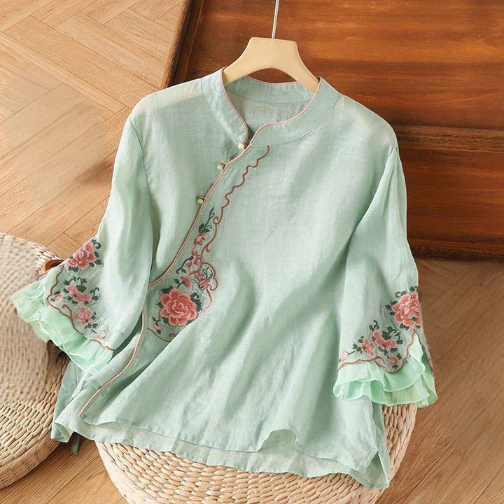 Camicia da donna con maniche a tre quarti, casual e ampia, con ricamo di peonie e bottoni a rana, motivo Buddha Stones - Turchese pallido - US12, UK/AU16, EU44 (4XL) - image 4